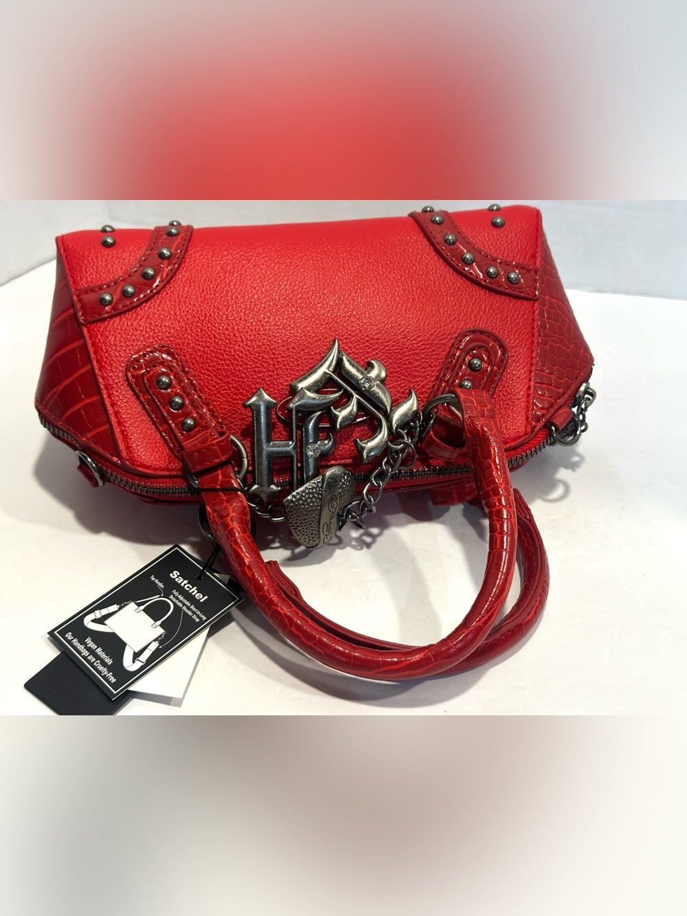 Ed Hardy Red  Satchel Handbag with Charm Accents - Picture 9 of 13